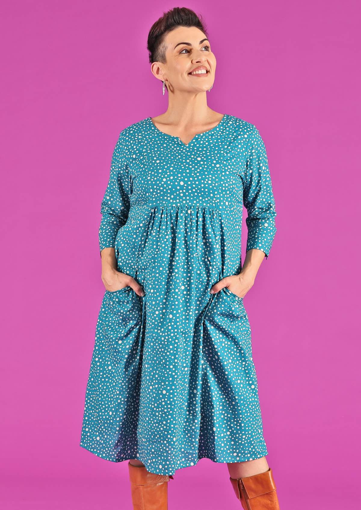 cotton teal polkadot lined dress with pockets