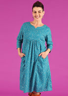 Tilda Dress Going Dotty Teal Polkadot cotton print 3/4 sleeve dress with keyhole neckline | Karma East Australia