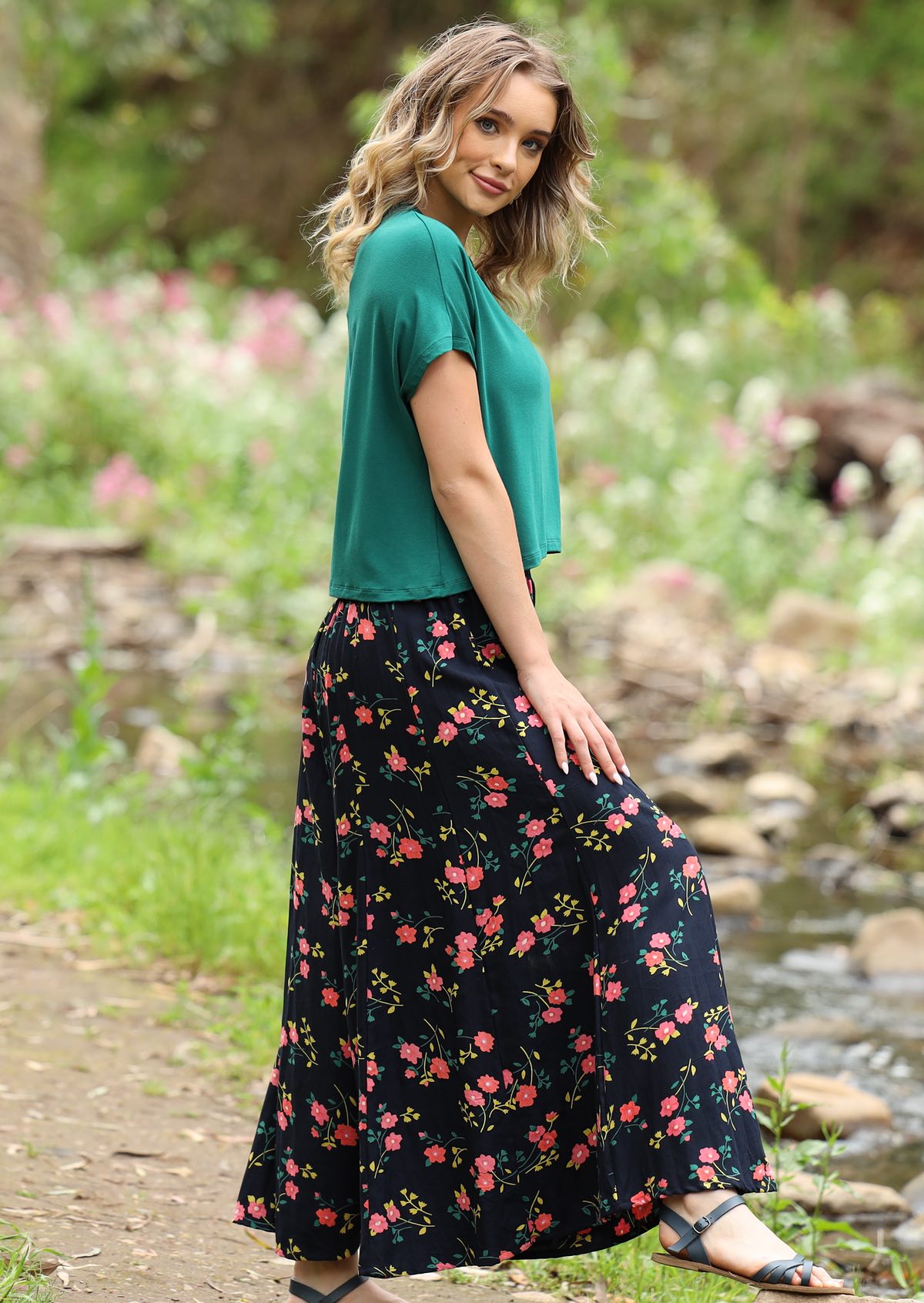 navy pink and green floral wide leg pant