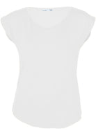 Front view women's white v-neck short cap sleeve rayon top.