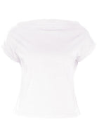 Front view of a women's wide neck mod white stretch rayon boat neck top