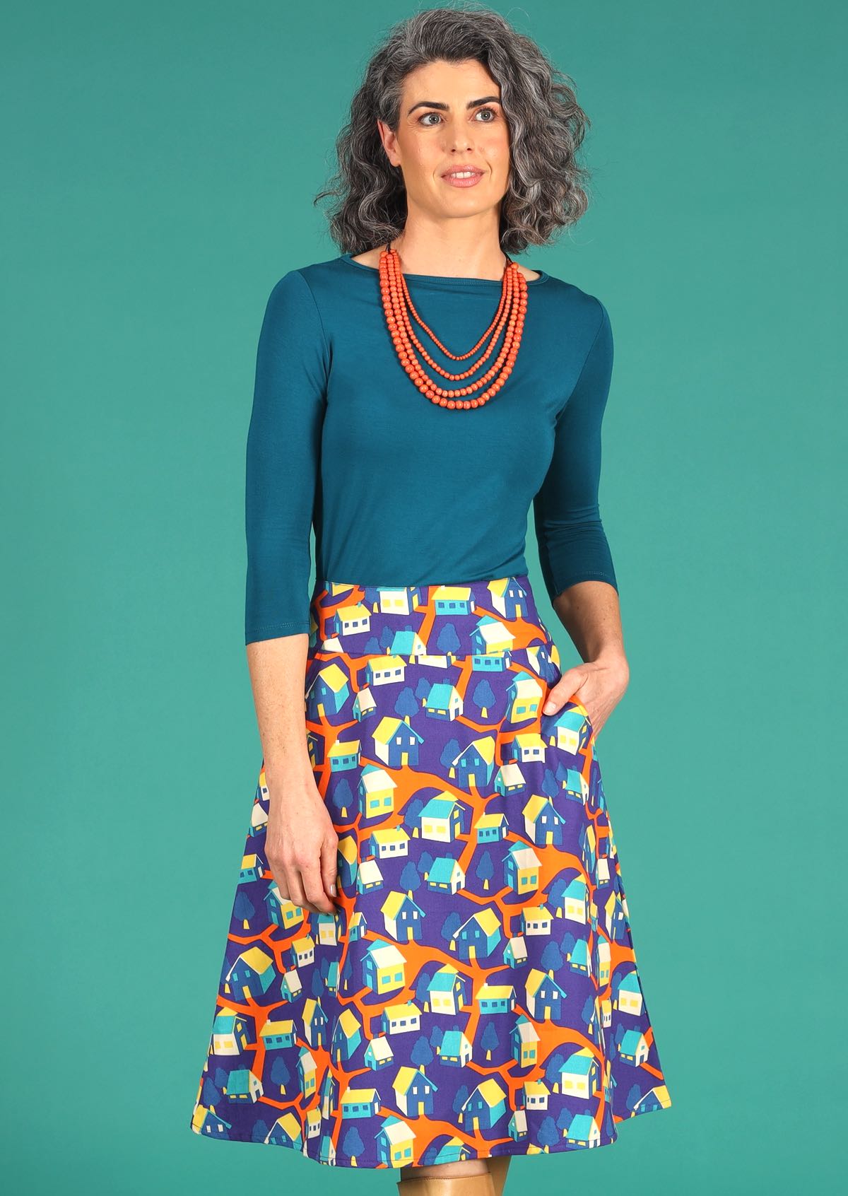 Generous A-line skirt with wide yoke and pockets