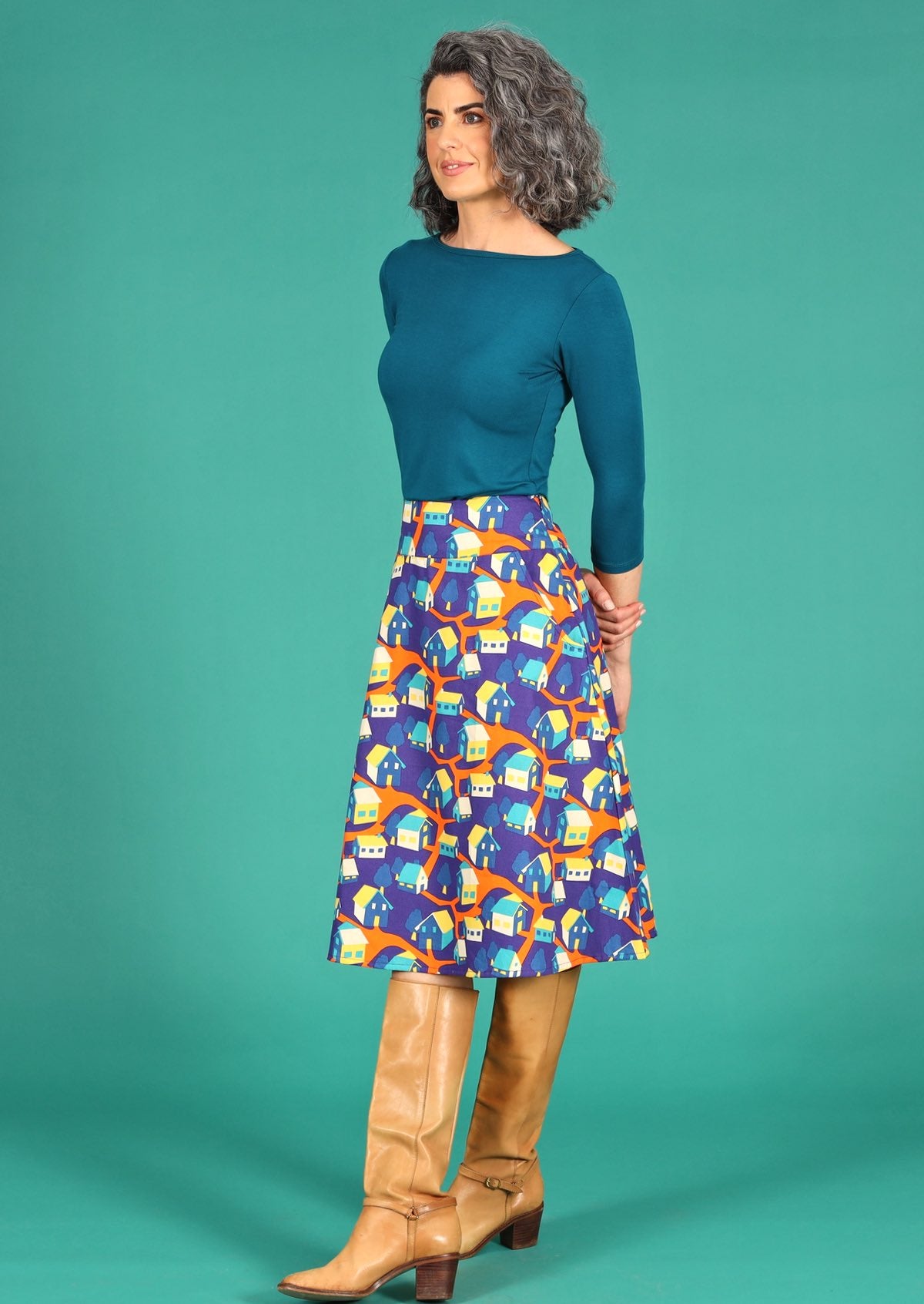 100% cotton orange blue yellow house print generous A-line skirt