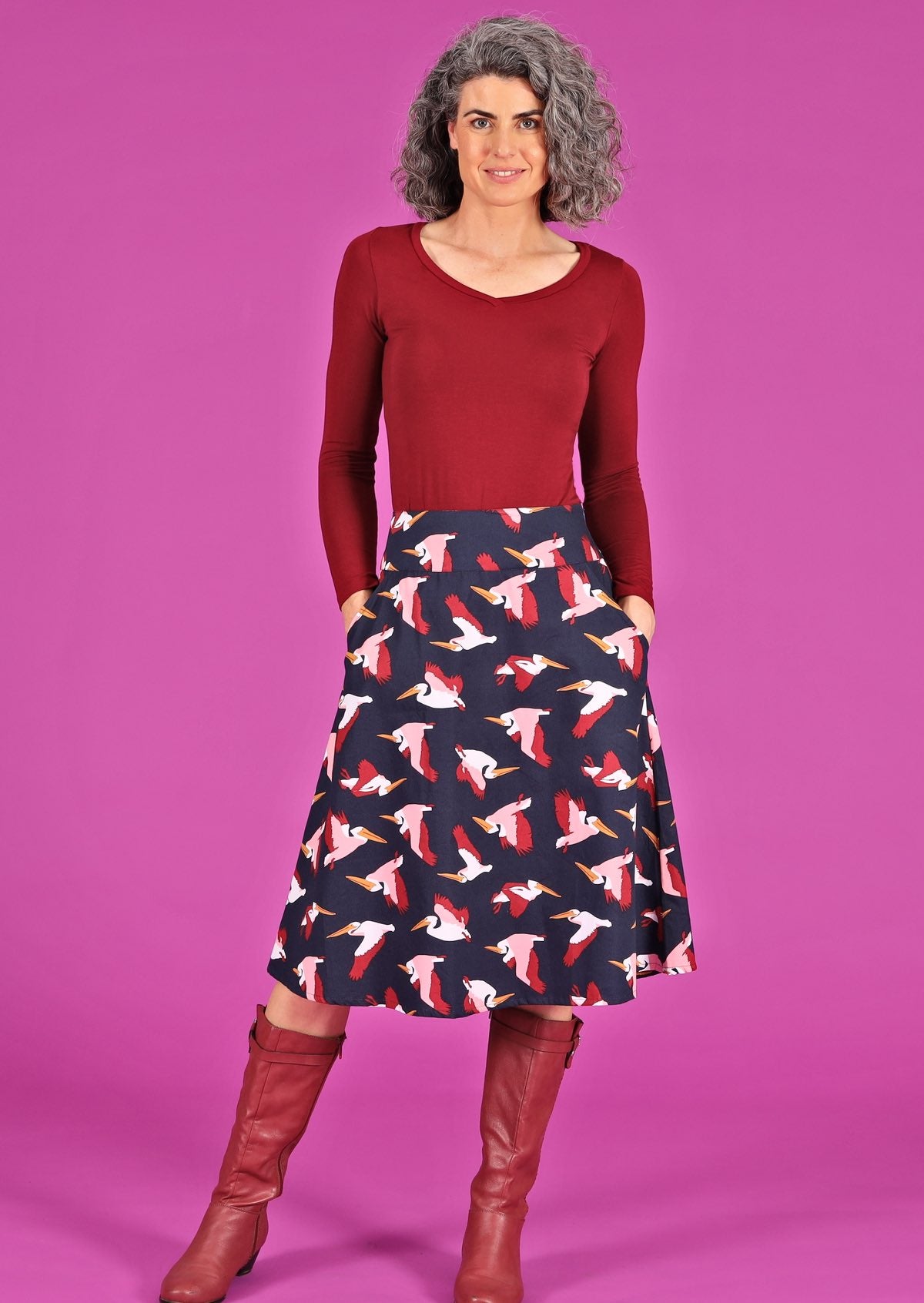 Zarah Skirt Percival Dark Blue Base with Pink and Maroon Pelican print cotton retro skirt with pockets | Karma East Australia