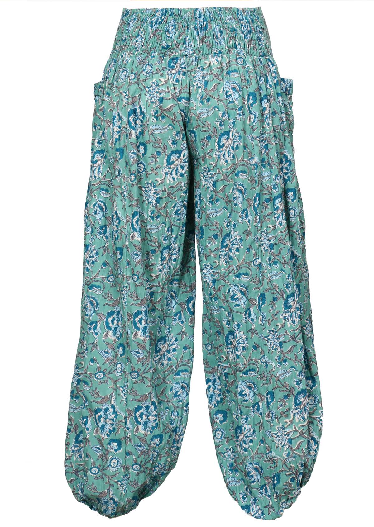 100% cotton boho style pants in blue floral print 