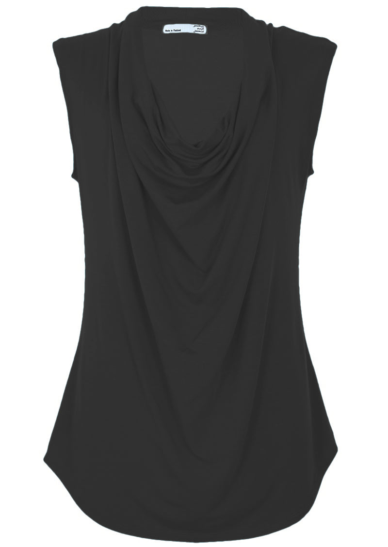 Front view black loose fit cowl neck basic women's top