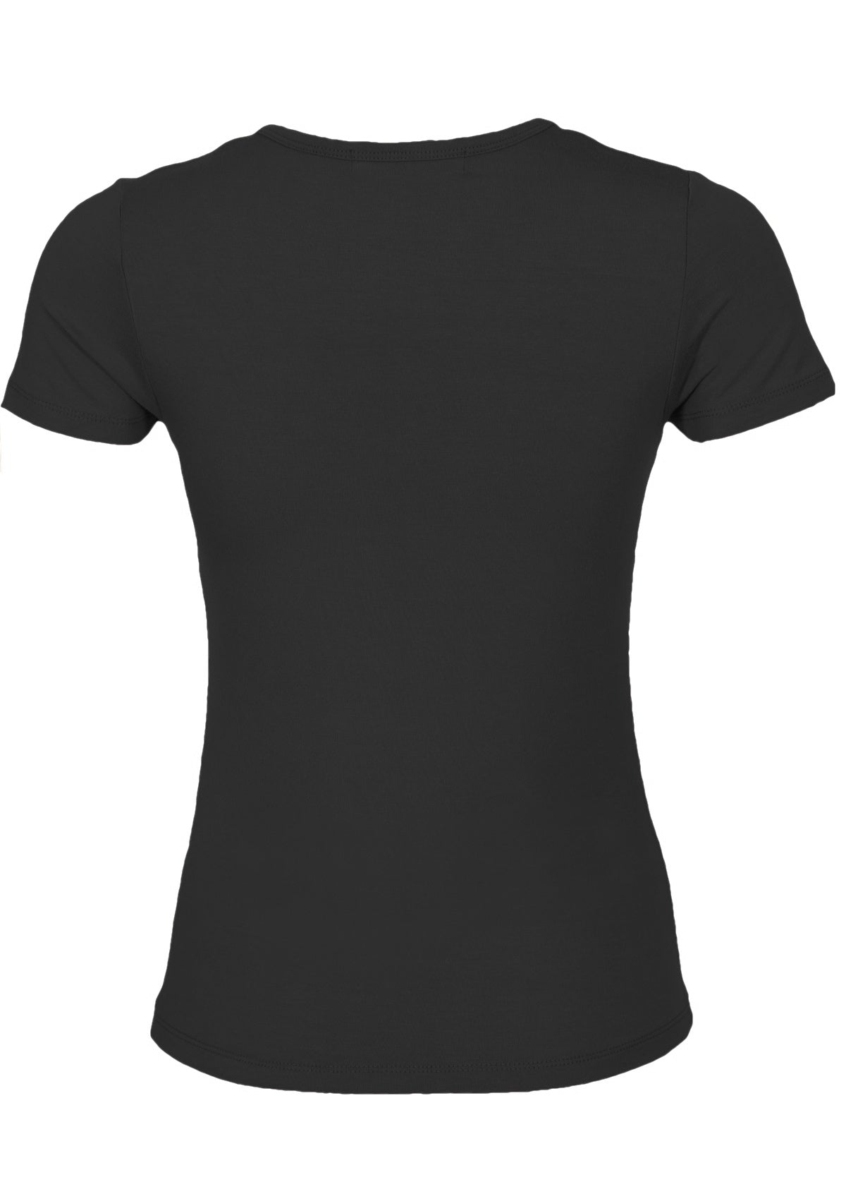 Back view women's black stretch rayon t-shirt.
