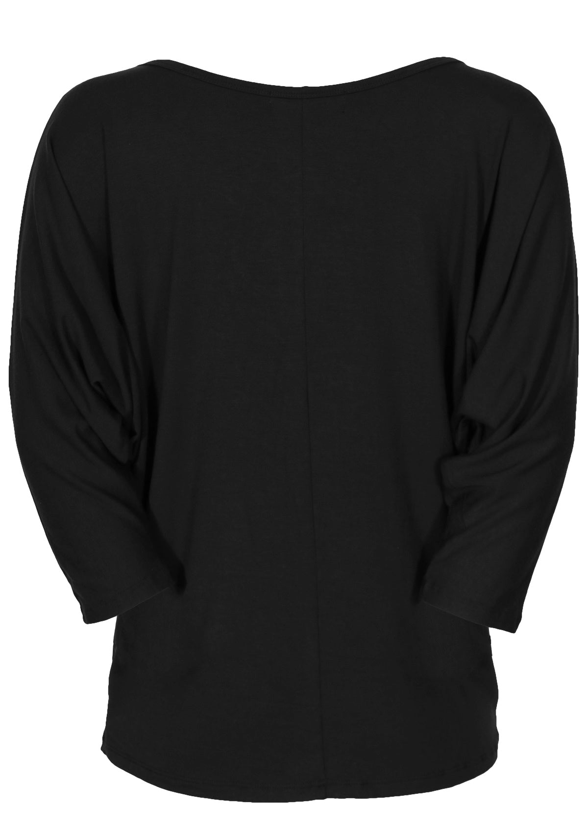 Back view of women's 3/4 sleeve rayon batwing round neckline black top.