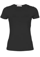 Women's black stretch rayon t-shirt on white background.