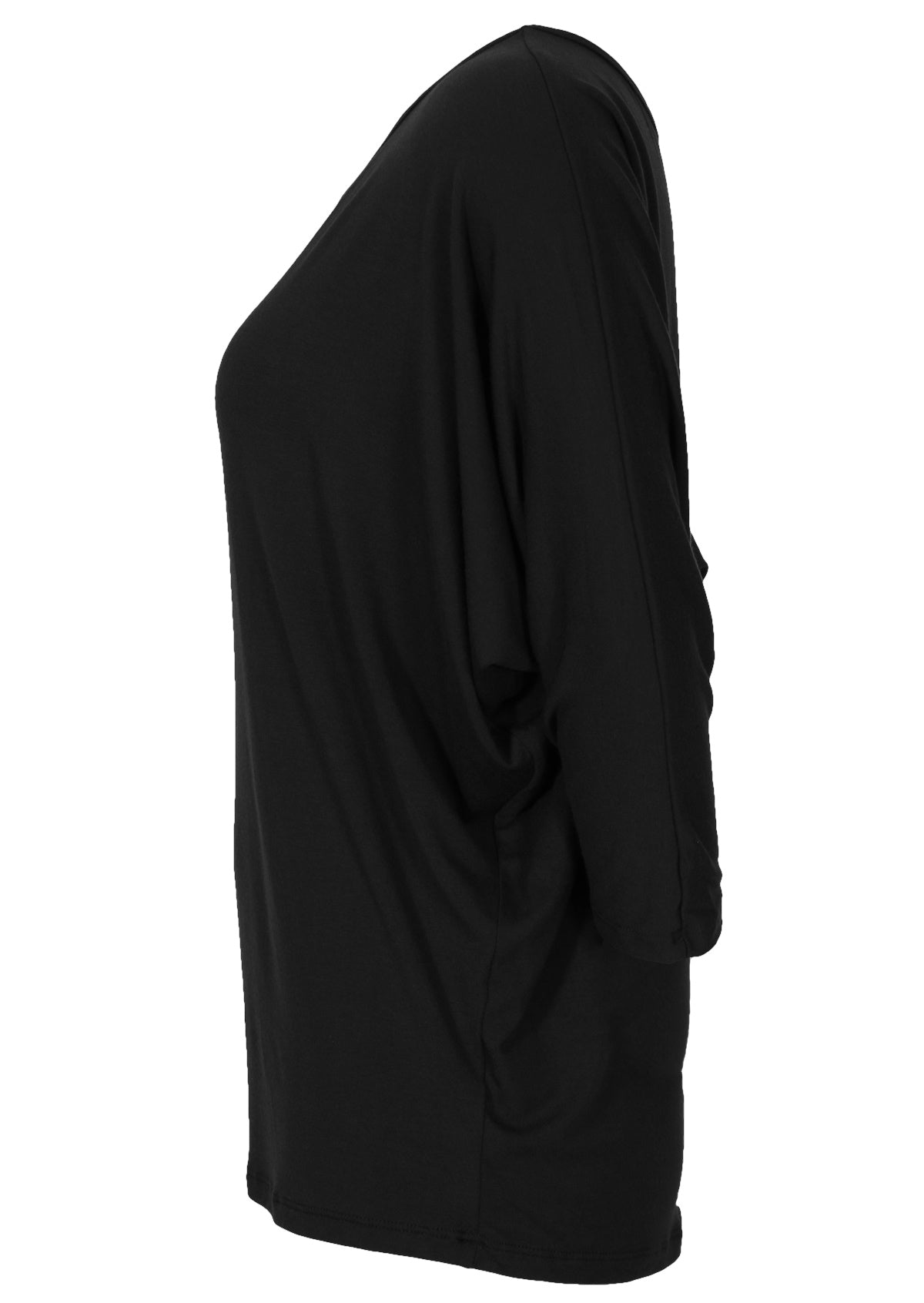Side view of women's 3/4 sleeve rayon batwing round neckline black top.