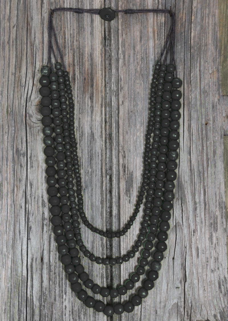 four strand wood bead necklace black
