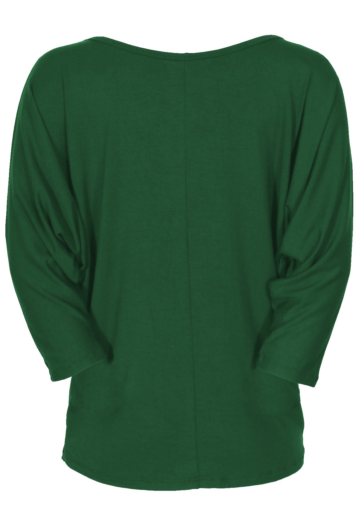 Back view women's 3/4 sleeve rayon batwing round neckline green top.