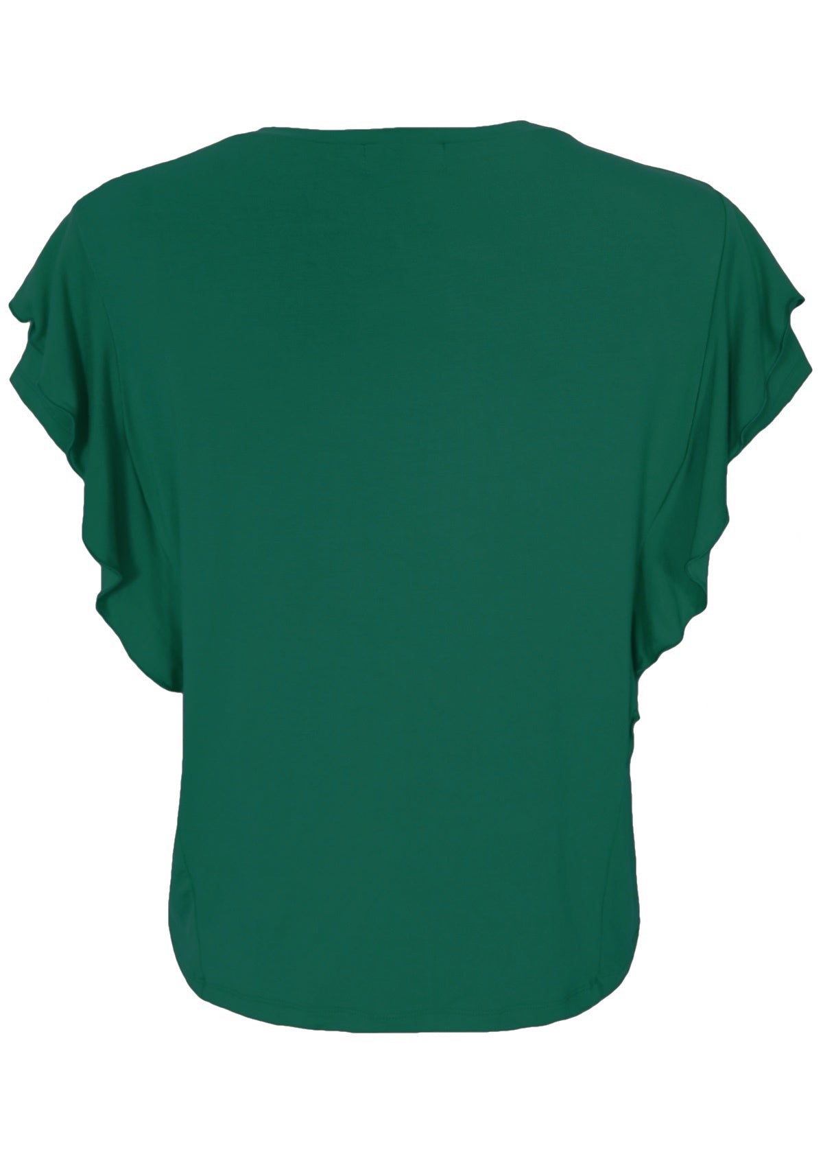 Back view of a ruffle green round neck rayon top.