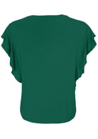 Back view of a ruffle green round neck rayon top.