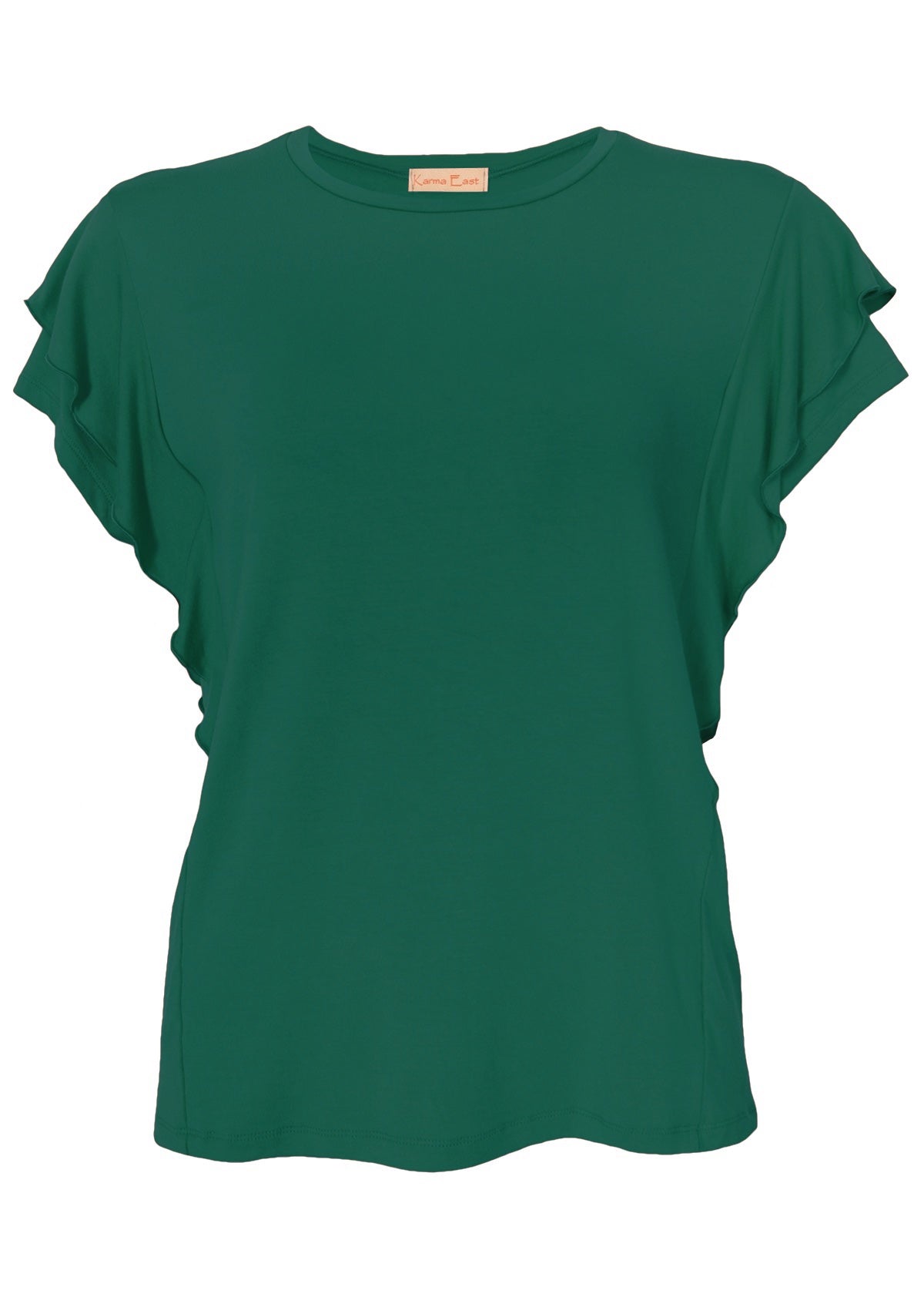 Front view of a ruffle green round neck short cap sleeve rayon top.