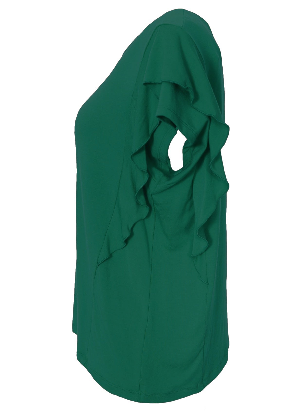 Side view of a ruffle green round neck rayon top.