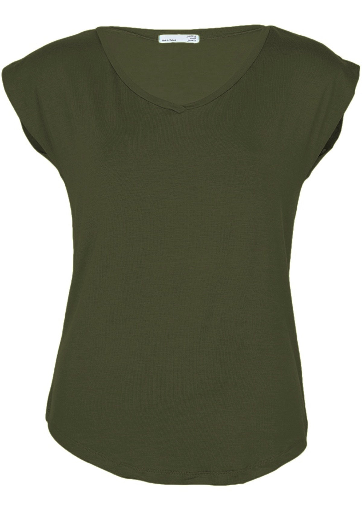 Front view of a women's olive green v-neck short cap sleeve rayon top