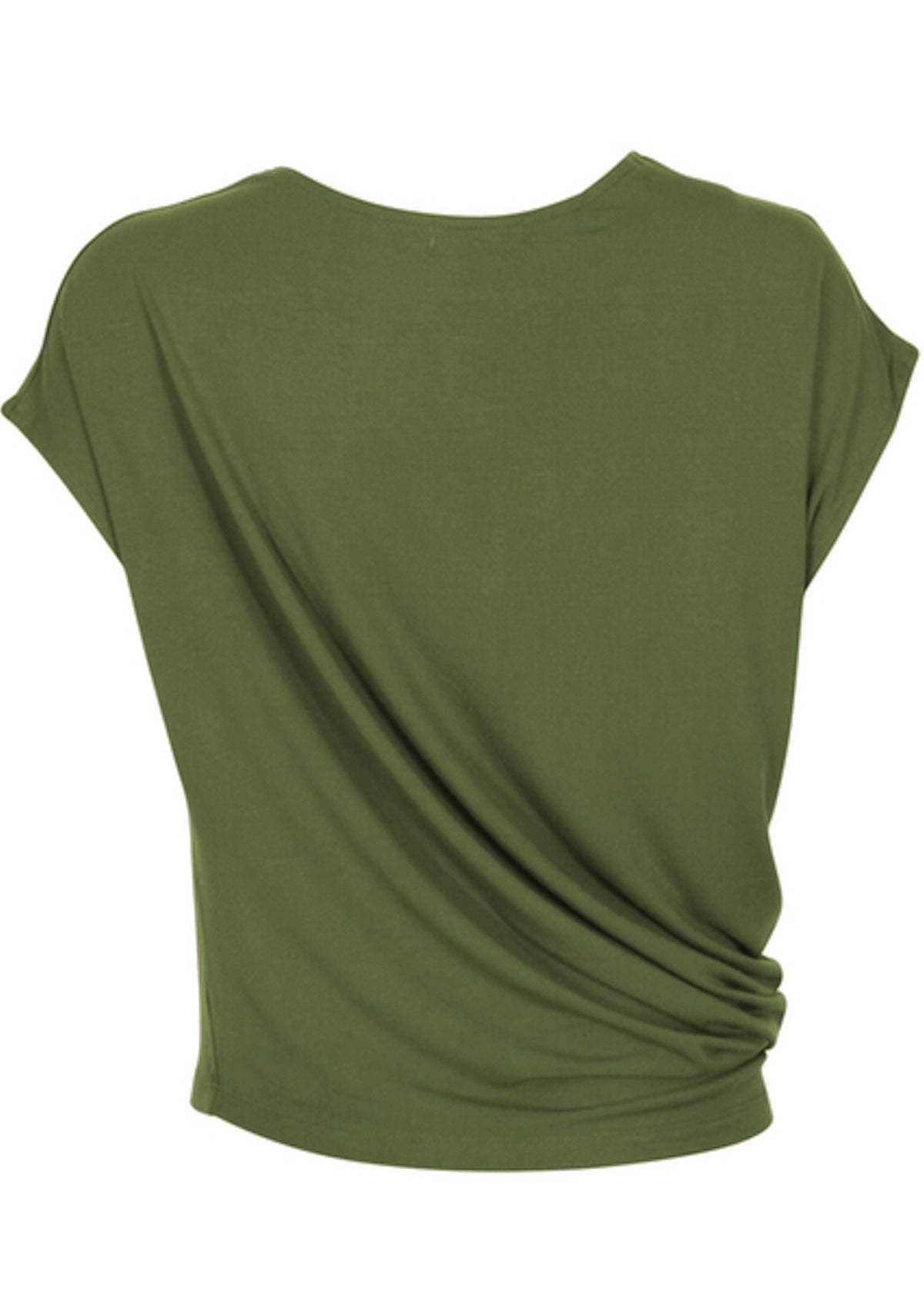Woman wearing green rayon top with side drape