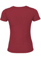 Back view of women's scoop neck maroon rayon fitted t-shirt.