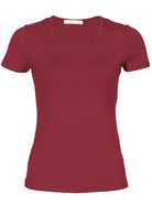 Women's scoop neck maroon rayon fitted t-shirt.