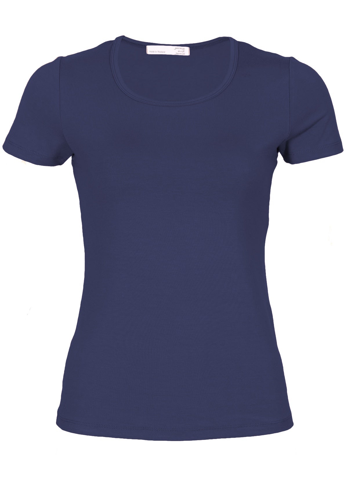 Front view of women's scoop neck navy blue rayon fitted t-shirt.