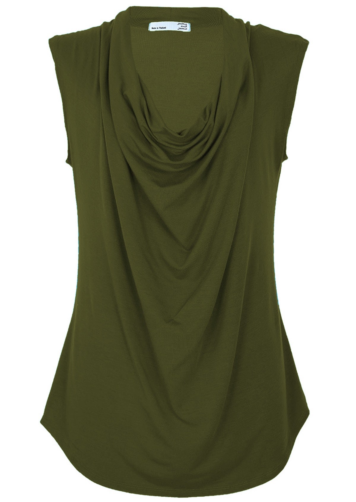 Front view of women's cowl neck rayon olive cap sleeve top over white background.