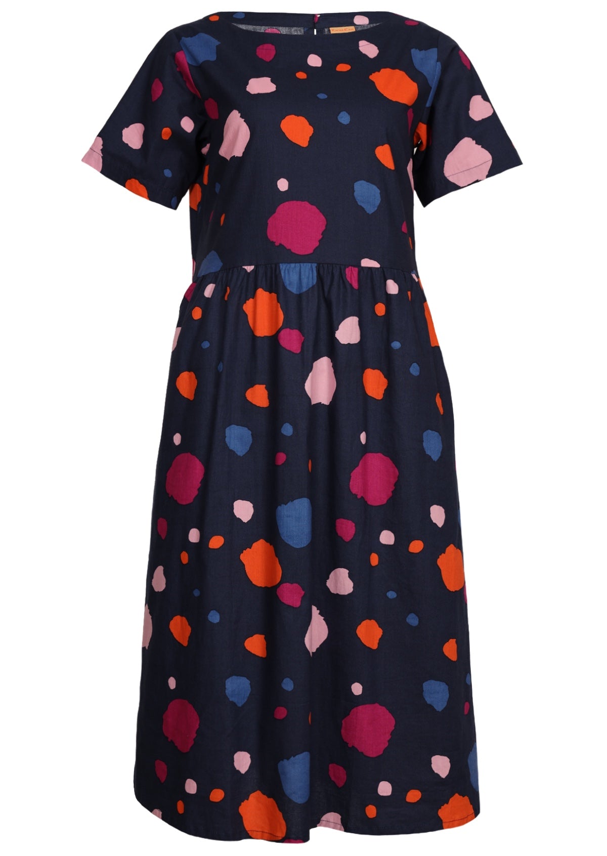 100% cotton relaxed fit dress has irregular colorful spot print on navy blue base.