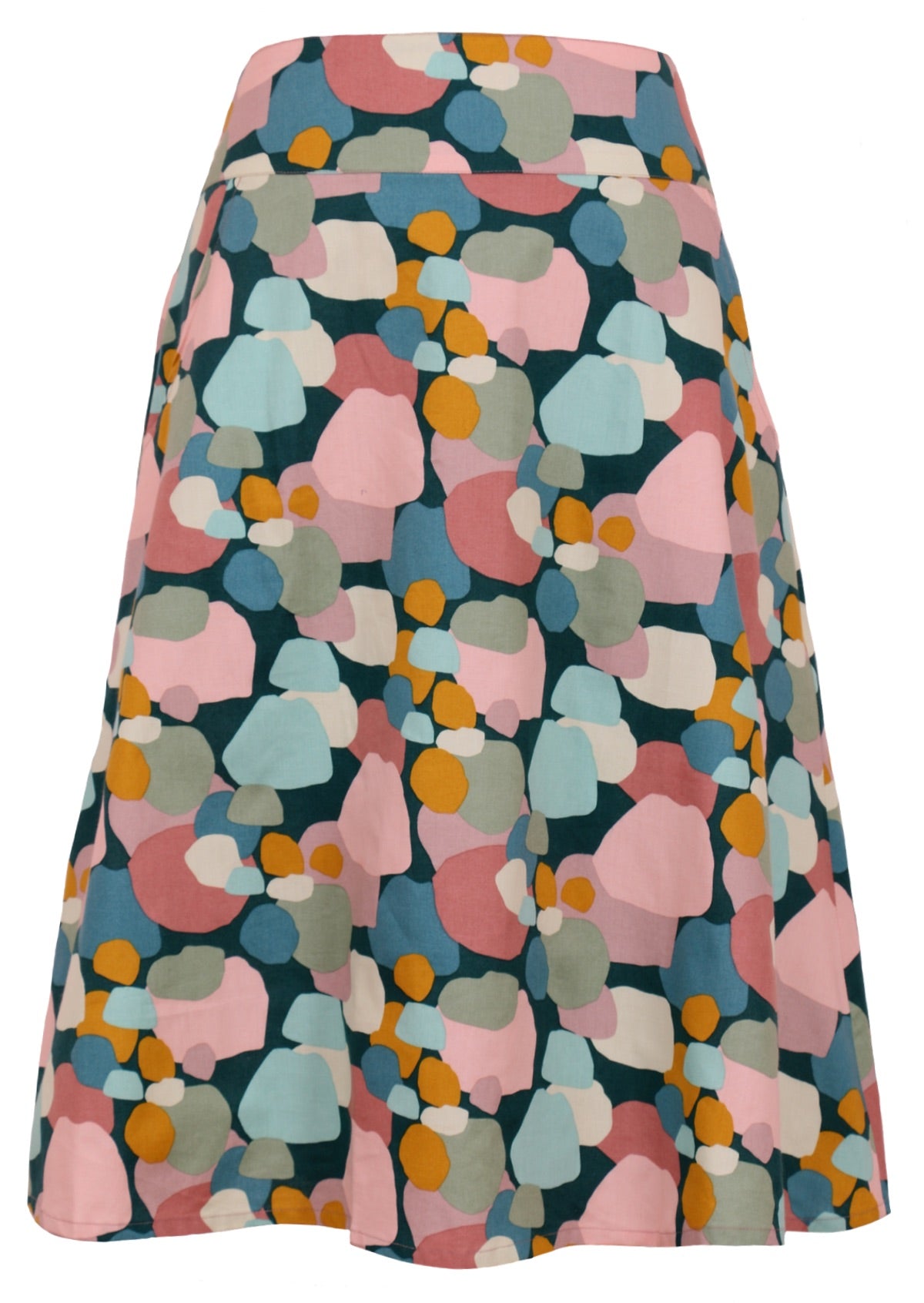 knee length cotton skirt with wide waistband and zipper.