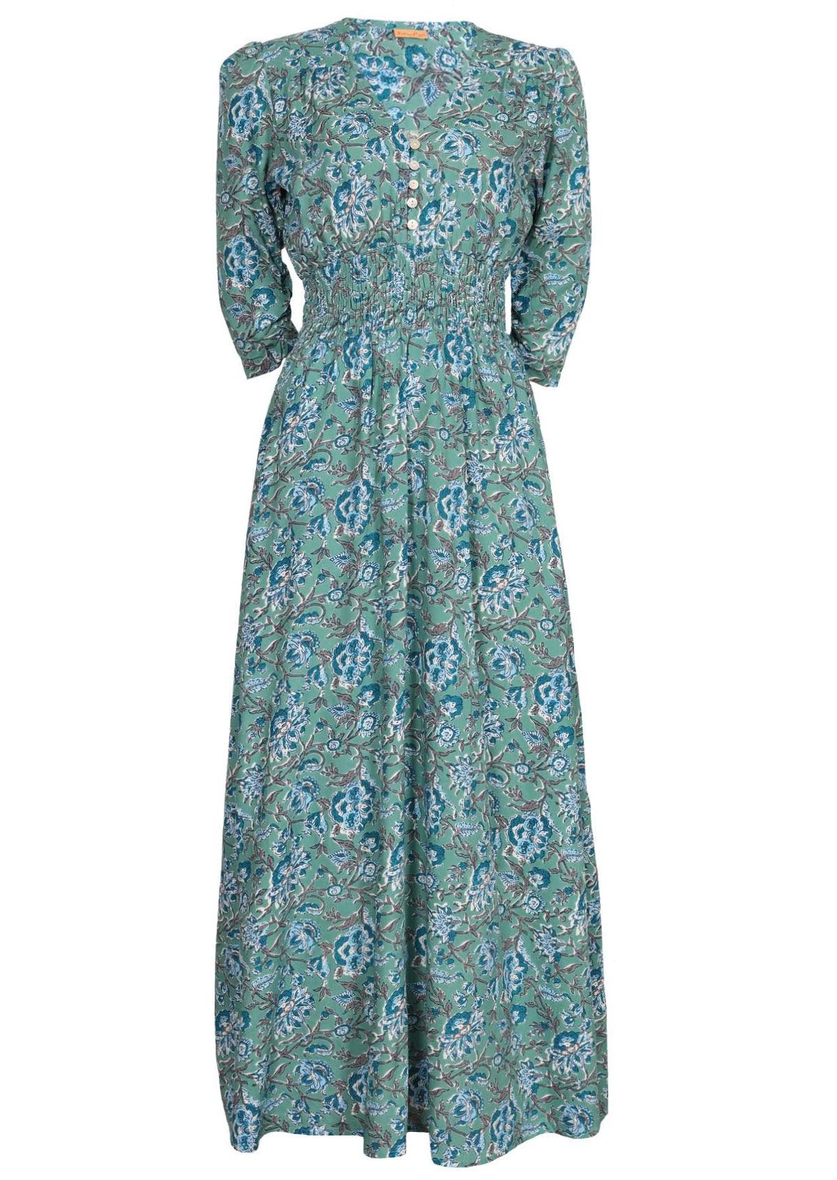 100% Rayon maxi dress in aqua blue based floral print.