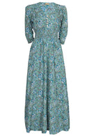 100% Rayon maxi dress in aqua blue based floral print.