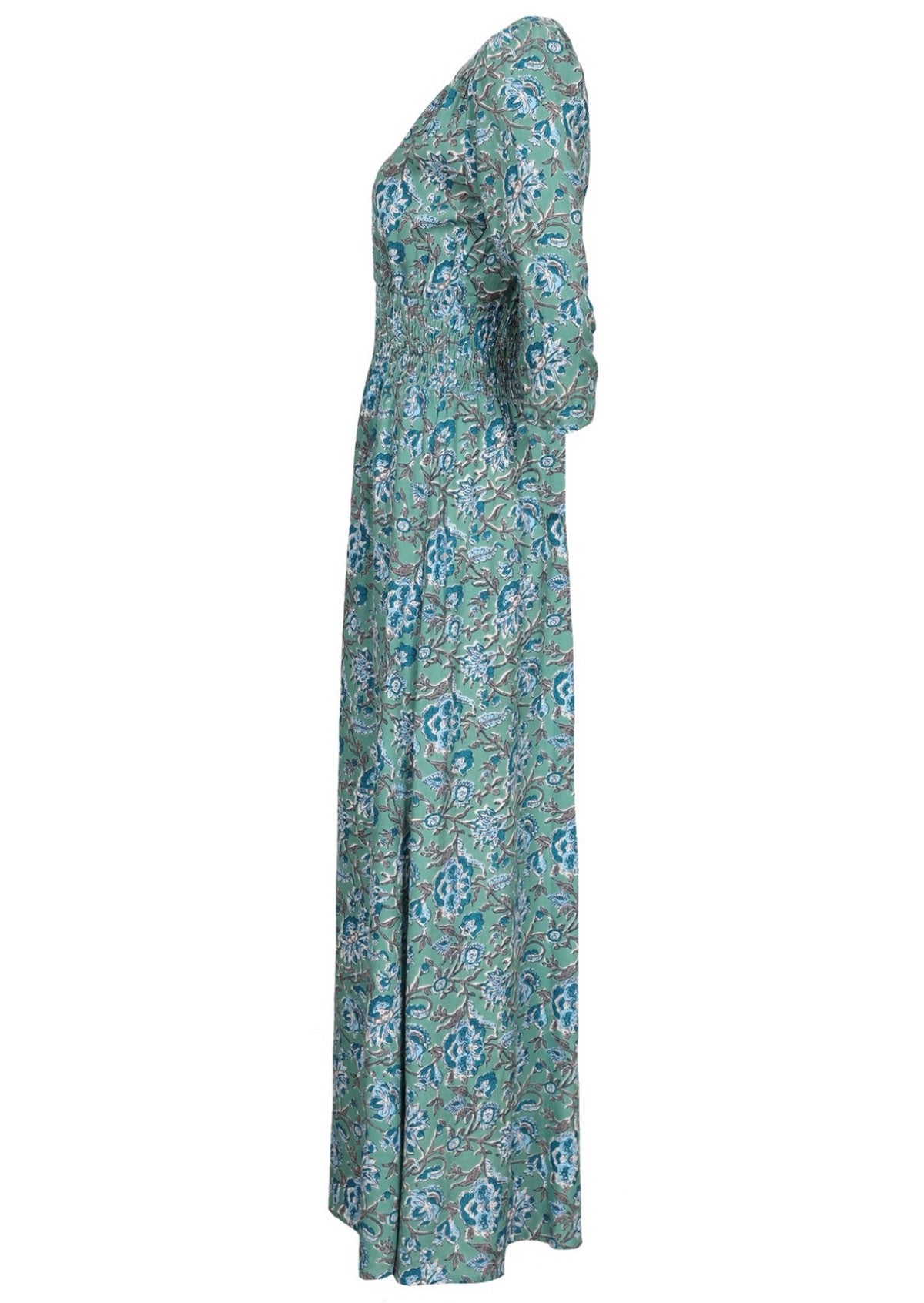 Side view of rayon maxi dress with 3/4 sleeves and ruched waistband.