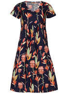 Short Sleeve Knee Length Womens Dress with V neckline and small pin tucks at the waist.