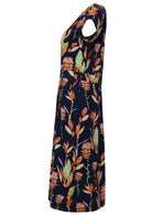 Short Sleeve Cotton Womens Dress in botanical print on a blue base, with side pockets