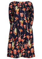 Round neck 3/4 sleeve, knee length dress in pink florals on navy base.