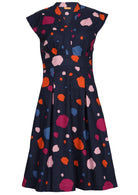 100% cotton Dress with structured bodice that forms a V-neckline and Cap Sleeves, with box pleats under the waistband 