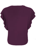 Back view loose fit women's purple rayon top.