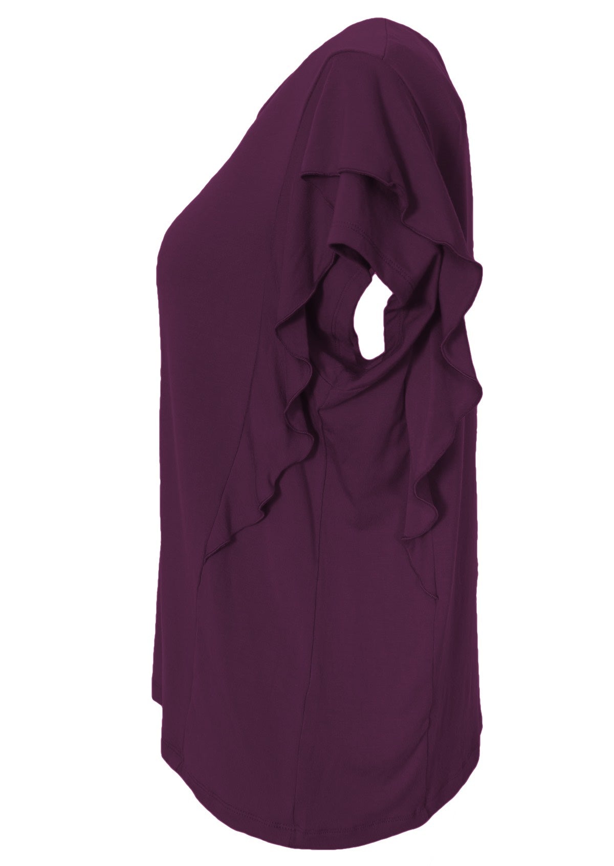 Side view cap sleeve layer purple ruffle top.