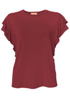 Front view of a ruffle maroon rayon top on white background.