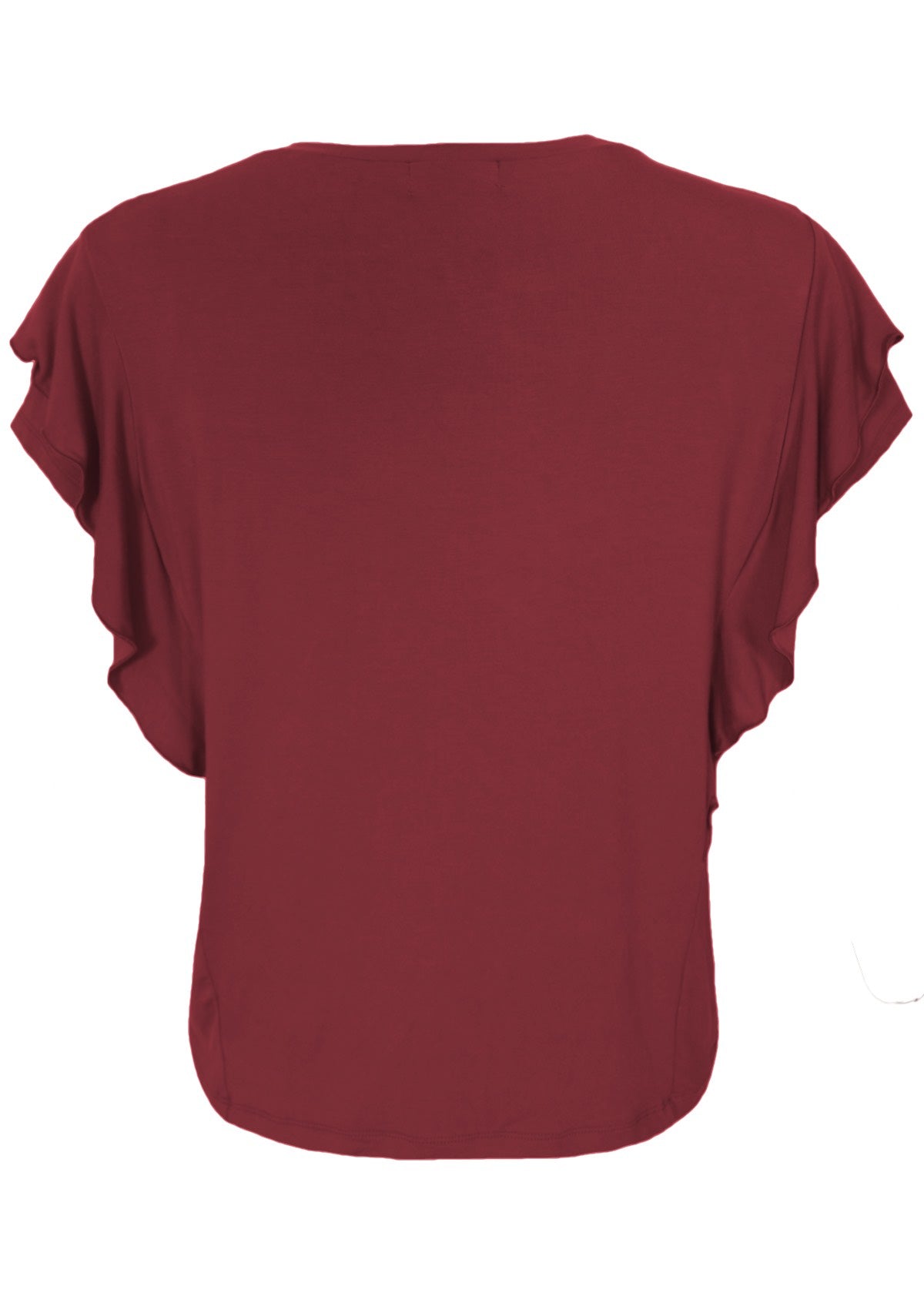 Side view of a women's maroon ruffle rayon top.