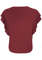 Side view of a women's maroon ruffle rayon top.