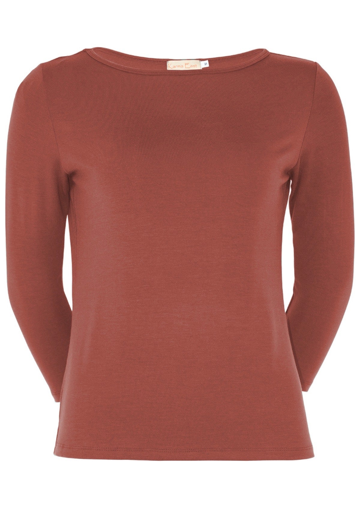Front view of women's rayon boat neck terracotta pink 3/4 sleeve top.