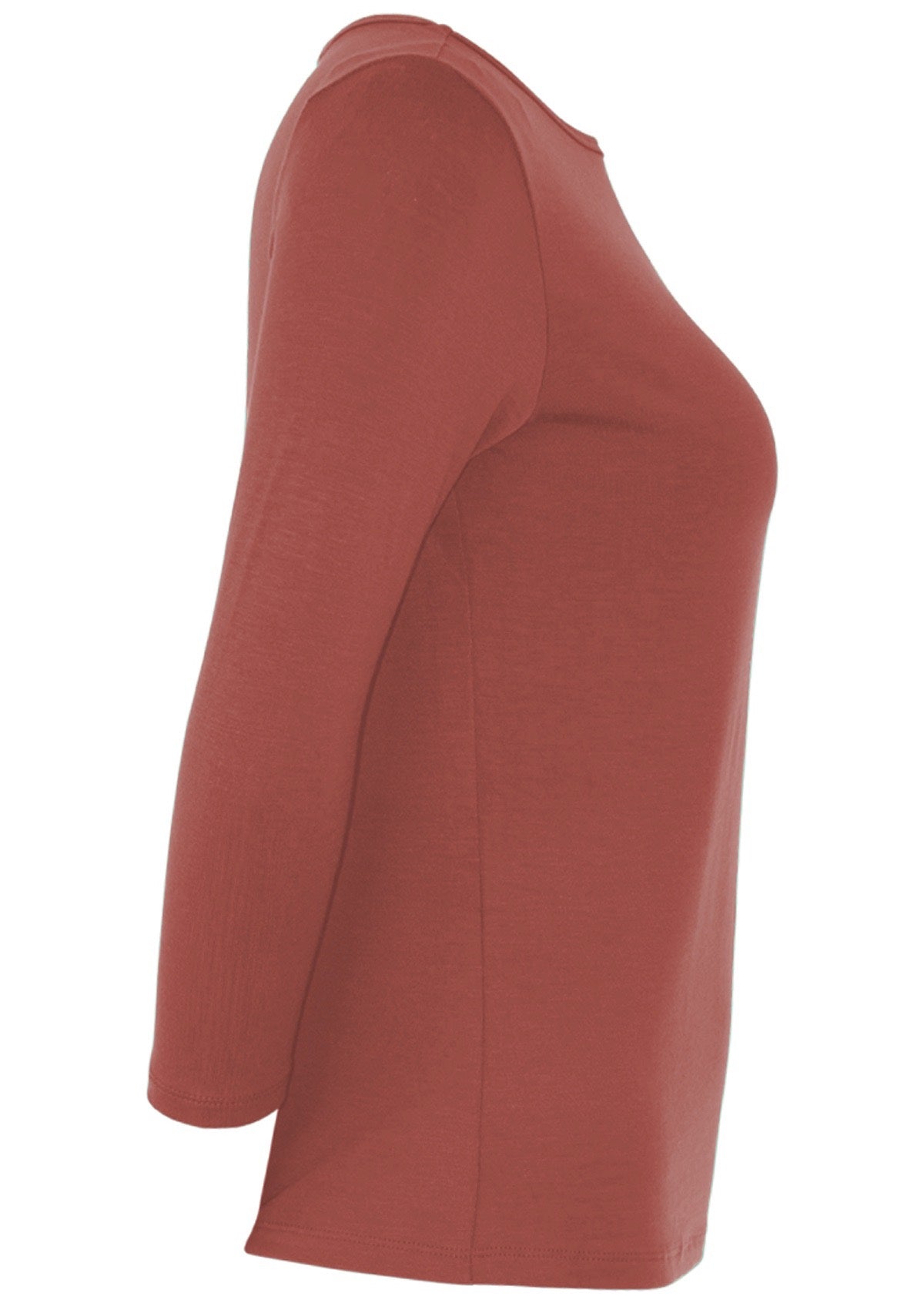 Side view of women's rayon boat neck terracotta pink 3/4 sleeve top.